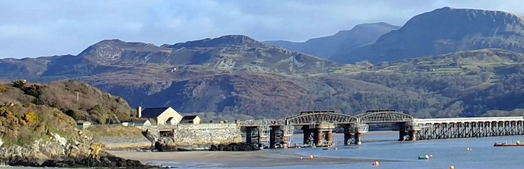 Panoramic view from Barmouth Bridge on the Mawddach estuary