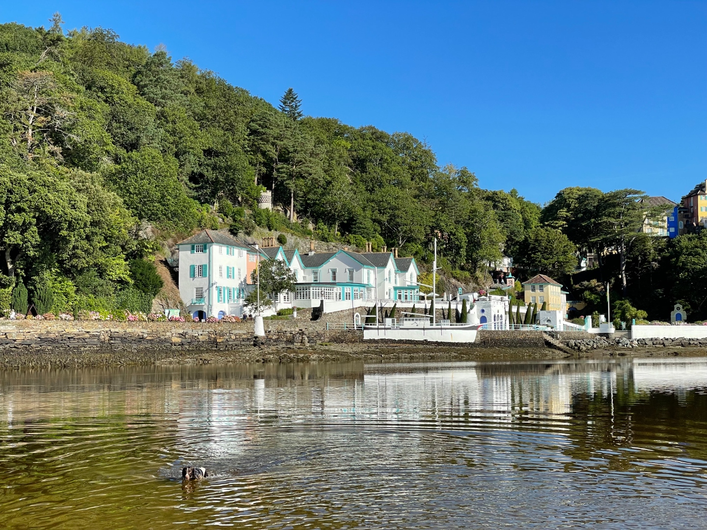 Pastel buildings of Portmeirion reflected in estuary water